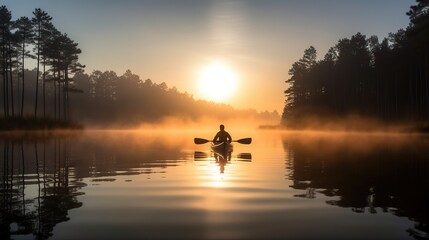 A kayaker peacefully paddling through a calm, reflective lake at sunrise.