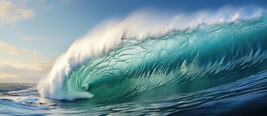 Fototapeta na wymiar Massive wave crashes forcefully onto shallow reef With copyspace for text