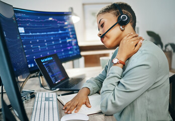 Neck pain, call center and woman doing trading with stress, fatigue and stock market in office. Burnout, tired and telemarketing employee with pressure for finance crisis, error or frustrated - obrazy, fototapety, plakaty