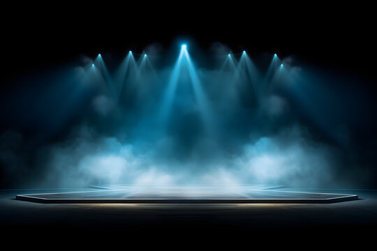 Beleuchtete B&uuml;hne mit Lichtern und Rauch Blauer Scheinwerfer mit Lichteffekt auf schwarzem Hintergrund Nebel Rauch Wolken