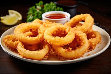 Squid rings deep fried with crispy crust.