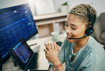 Woman, online trading and call center, finance with advice and computer screen, financial investment and communication. Headset, microphone and business with laptop, agent at desk with stock market