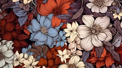 Fototapeta premium Seamless pattern florals. Retro style linedrawn.
