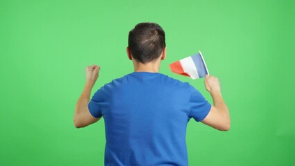 Rear view of a man waving a french pennant