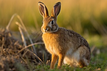 Naklejka na ściany i meble Brown rabbit standing in field.