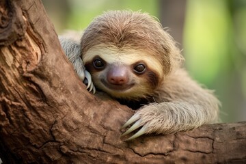 Fototapeta premium Three toed sloth in tree in rainforest.