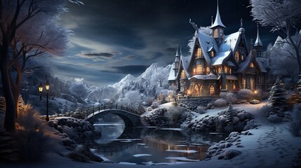 Castle background winter snowy forest. Snow, snowflakes. Winter landscape. - obrazy, fototapety, plakaty