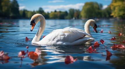 Beautiful swans on the lake in park