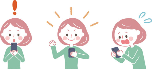 スマホを持つ女性の表情イラスト