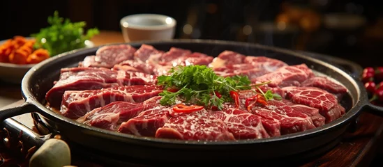 Fotobehang Beef slices with hot pot © Mas