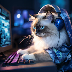 funny ragdoll cat gamer wearing headphones, playing computer game in cinematic lighting - 658905617