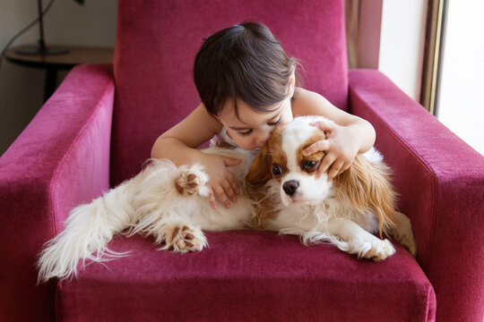 Baby girl sitting on armchair giving her dog a kiss