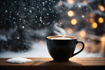 Closeup of black coffee mug, coffee steam, snow falling, food and beverages background, banner with copy space text 