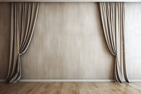 Staged interior room with symmetric open curtains over blank off white wall, copy space
