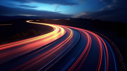 Car light trails at dusk on curved asphalt road