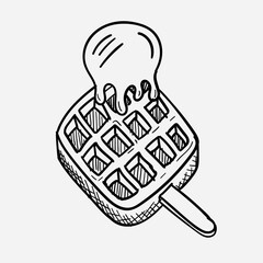 Waffle doodle on white background, sweet food sketch for restaurant business