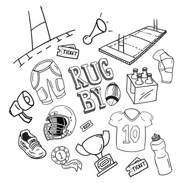 Rugby doodle sketch, Hand drawn American football equipment icons sketch
