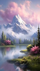 mountains in the pink sky