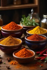 Close up of multicolored ground spices in bowls on the kitchen table