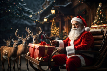 Santa Claus iding on sleigh with deer and gifts - obrazy, fototapety, plakaty