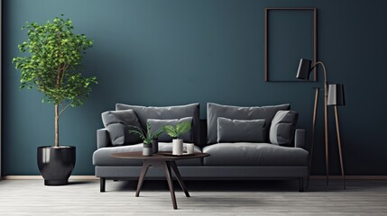 Dark blue sofa and recliner chair in scandinavian apartment