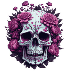 Fototapeta premium White human skull with pink flowers surrounding the skull.