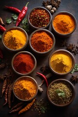 Various fragrant ground spices and herbs in bowls on the kitchen table with hot pepper and cloves, top view. Restaurant, market, food, taste concepts