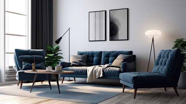 Dark blue sofa and recliner chair in scandinavian apartment