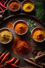 Top view of multicolored ground spices in wooden bowls on the kitchen table