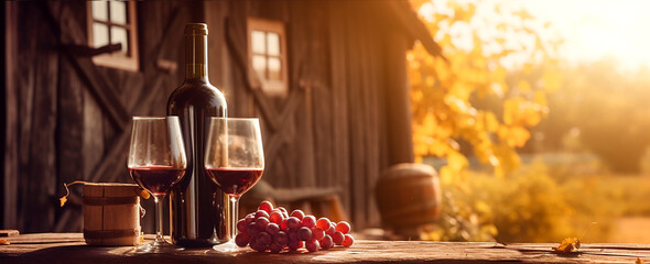 A bottle of red wine and glasses stand on a wooden barrel with a farmhouse in the background. Grape branches. Sun rays. Beautiful view. Banner.