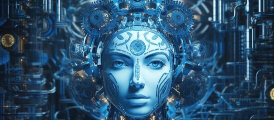 The head of the machine is wired to a super computer. Cyborg with artificial intelligence,  - obrazy, fototapety, plakaty