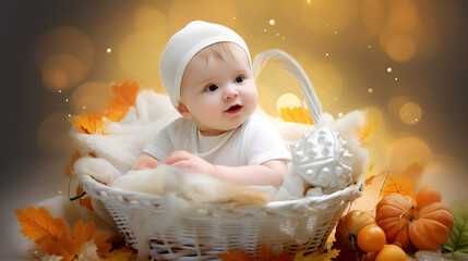 baby in a basket with flowers