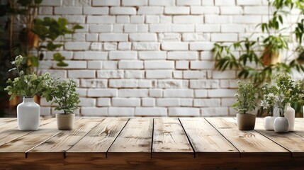 Empty wooden table top on white brick wall background, White wooden terrace design