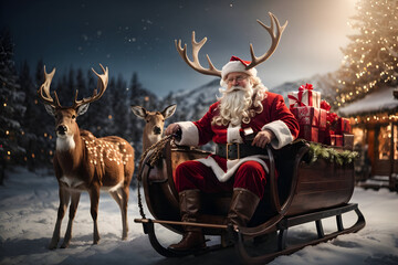 Santa Claus iding on sleigh with deer and gifts - obrazy, fototapety, plakaty