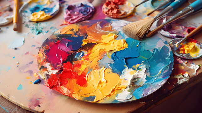 Closeup view of artists palette with mixed bright