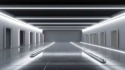 Futuristic Sci Fi Lines White Neon Tube Lights Glowing In Concrete Floor Room With Reflections Empty Space