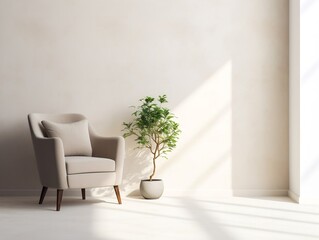 Living room with modern chair and potted plant in front of a white wall generative ai