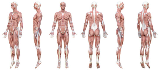 全身が筋肉の3Dモデル男性の正面と横向き 斜め前後 後ろ向きのイラストセット 6ポーズ - obrazy, fototapety, plakaty