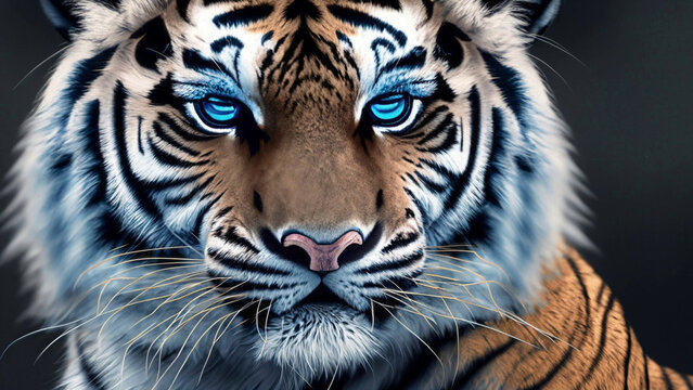 Portrait of a tiger with blue eyes and dark background 