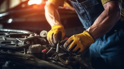 Mechanic works on the engine of the car in the garage. Repair service - obrazy, fototapety, plakaty