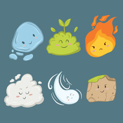 cute elements nature fire air earth water vector icons set 