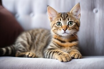 Attentive Young Red Striped Cat Resting Comfortably on Gray Sofa