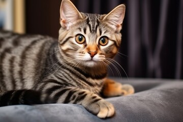Attentive Young Red Striped Cat Resting Comfortably on Gray Sofa
