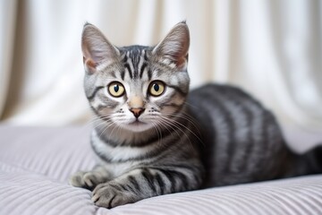 Naklejka na ściany i meble Attentive Young Red Striped Cat Resting Comfortably on Gray Sofa