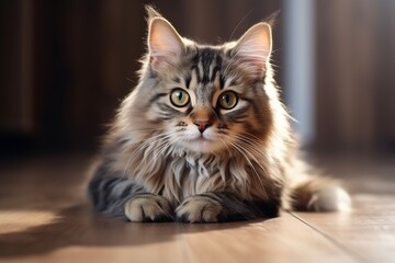 Young Fluffy Tabby Cat with a Sweet and Attentive Expression on a Wooden Floor