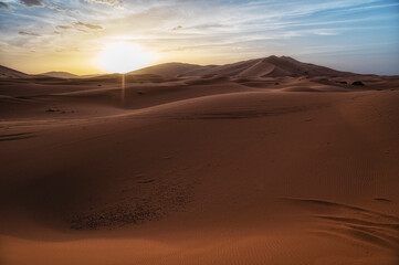 Sunset over the sand dunes, Sahara Desert, Morocco, Africa