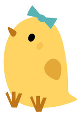 Cute chick sitting. Baby bird with blue bow