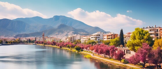 Fototapeta premium Scenic River Embankment and Park Area with Majestic Mountain Backdrop in Alanya, Turkey: Colorful Panoramic Landscape