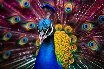 Obraz premium Vibrant Close-Up Portrait: Beautiful Peacock with Colorful Plumage
