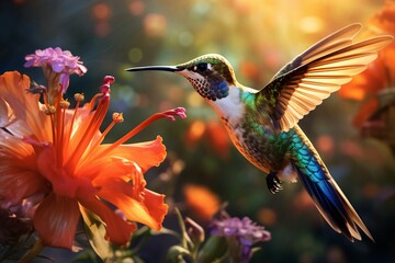 Fototapeta premium Enchanting Spring Flight: A Delightfully Beautiful Hummingbird Amid Blossoming Plants